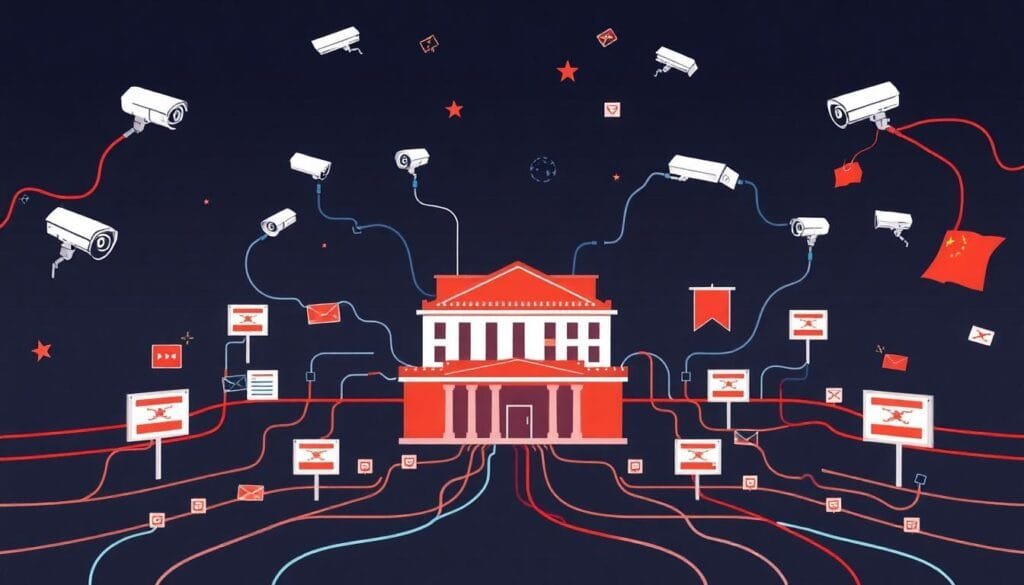 A dramatic visualization of China’s Great Firewall with elements showcasing censorship, surveillance cameras, and network blockages.