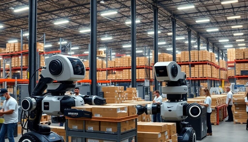 Amazon's robots sparing human effort by sorting packages and assisting in labor-intensive warehouse tasks.