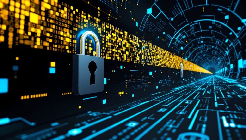 A digital lock with AES-256 encryption patterns and a secure tunnel background.