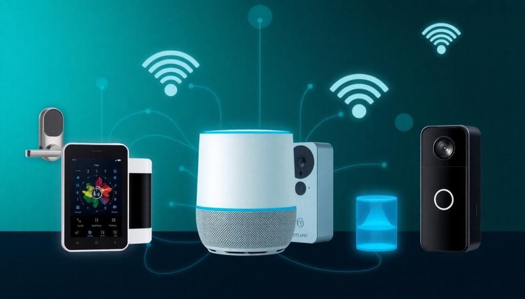 Multiple IoT devices like smart locks and smart speakers interacting seamlessly in a connected home with Wi-Fi 7.