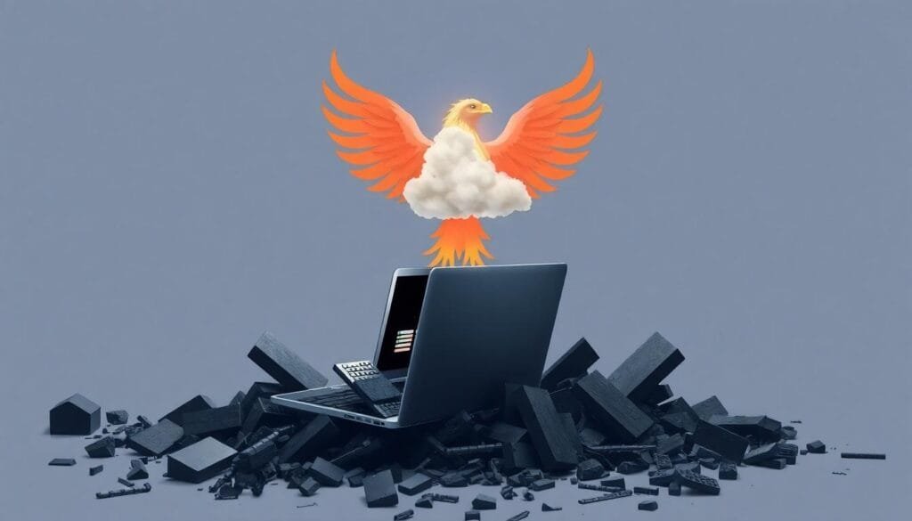 A phoenix-shaped cloud rising from a destroyed laptop, symbolizing resiliency and reliable backups.