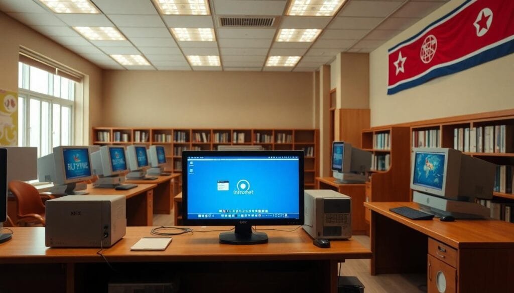Kwangmyong intranet in North Korea showcasing propaganda on computers, symbolizing digital isolation.
