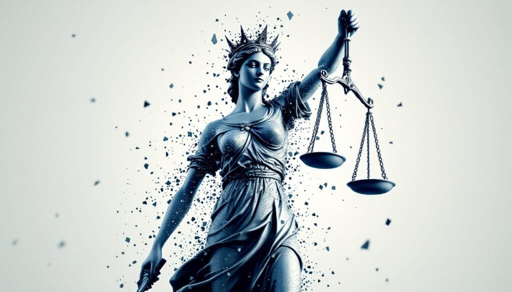 Lady Justice holding scales, with dissolving watermarks symbolizing the legal and ethical challenges of Gemini 2.0’s capabilities.