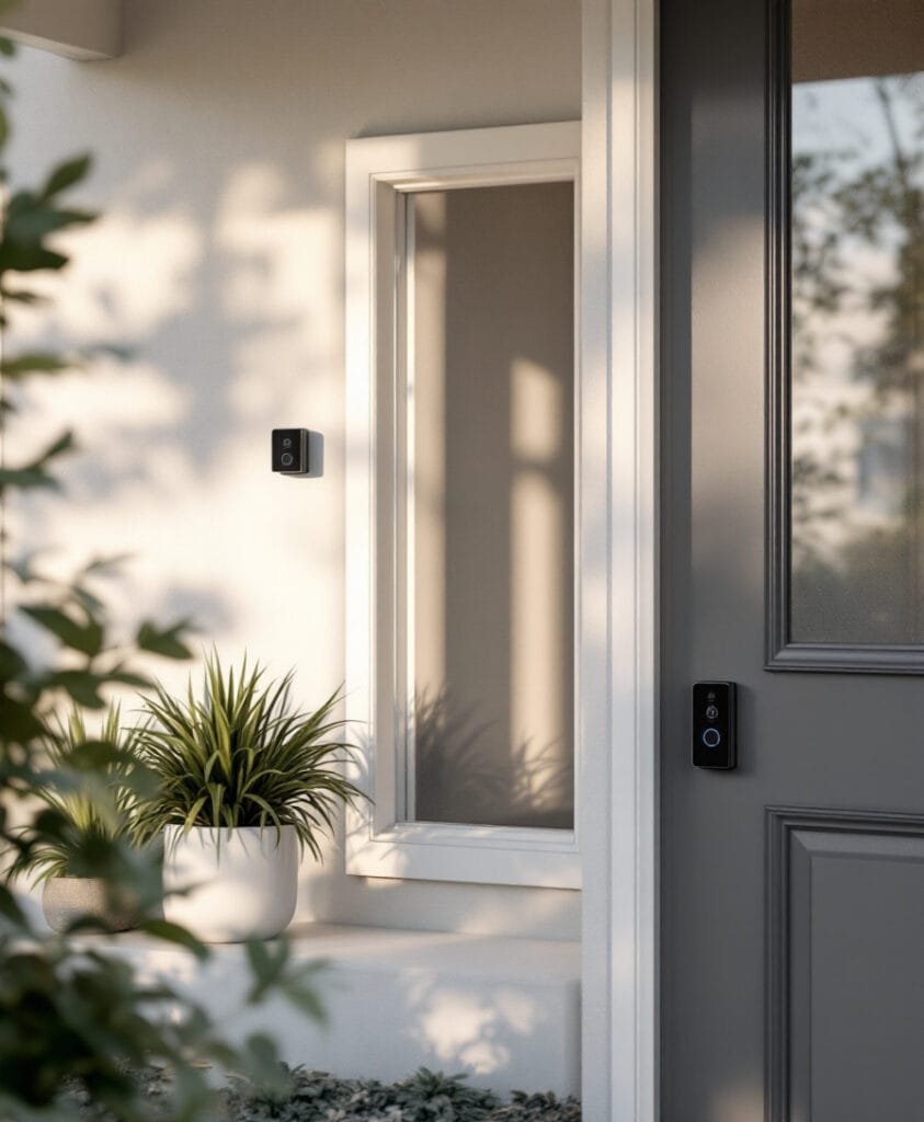 A stylish modern home entry with a Ring Video Doorbell installed for advanced security.