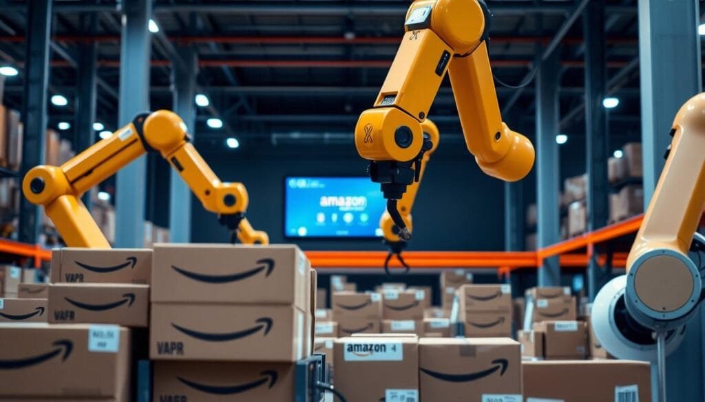Inside an Amazon warehouse showcasing VAPR robotic sorting technology.