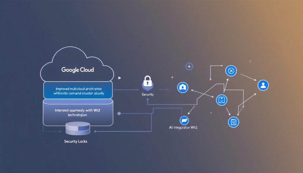 Visualization of Google Cloud's AI tools synergizing with Wiz technology for multi-cloud security after the cybersecurity deal.