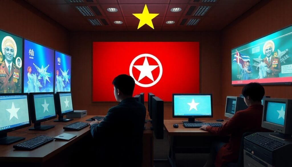 Split-screen: North Korean elites with global internet access versus citizens on outdated computers using Kwangmyong.