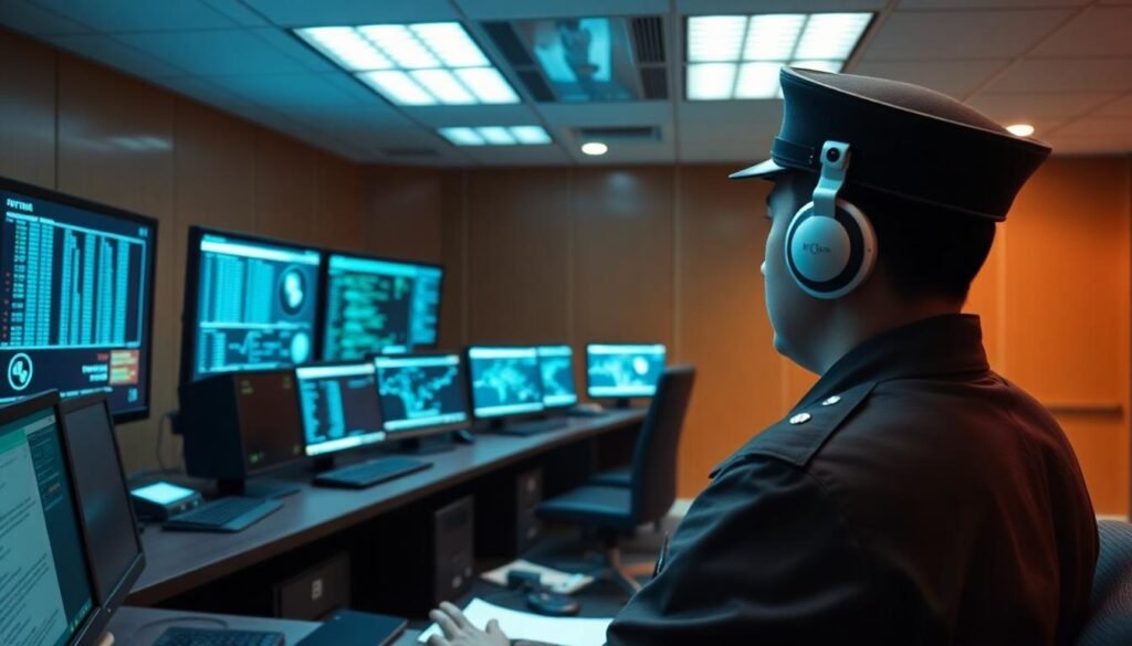 A high-tech surveillance room in North Korea monitoring global internet activity.