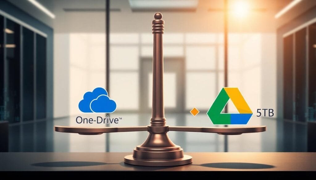 Cloud storage comparison between Microsoft OneDrive (1TB) and Google Drive (2TB/5TB) capacities.