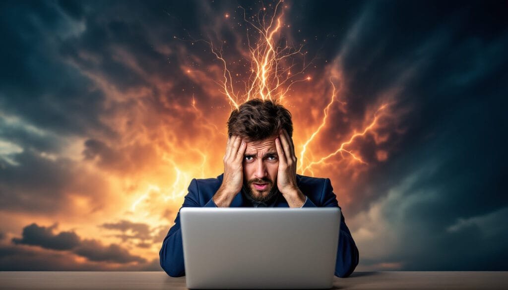 Crypto Security, overwhelmed individual facing exchange risks with a digital storm in the background.