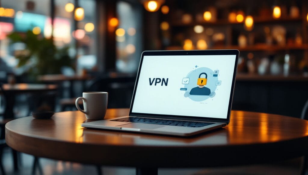 A laptop displaying a VPN interface on a table in a café with warm lighting.