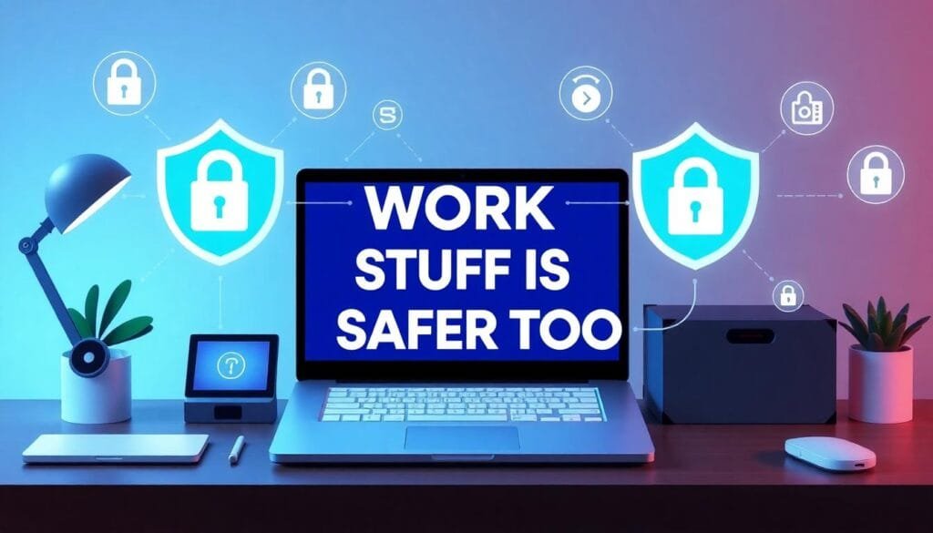 What is a VPN depicted in a secure home office setting, protecting devices with encrypted Wi-Fi signals and lock icons.