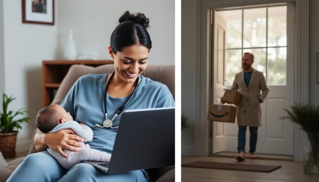 A mother consulting Amazon One Medical on a laptop while receiving a same-day package.