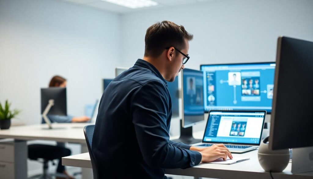 Office remote work secured through VPN connections for GDPR data protection.