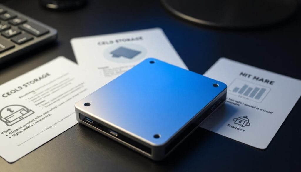 Crypto Security, glowing hardware wallet emphasizing the importance of cold storage for cryptocurrency safety.