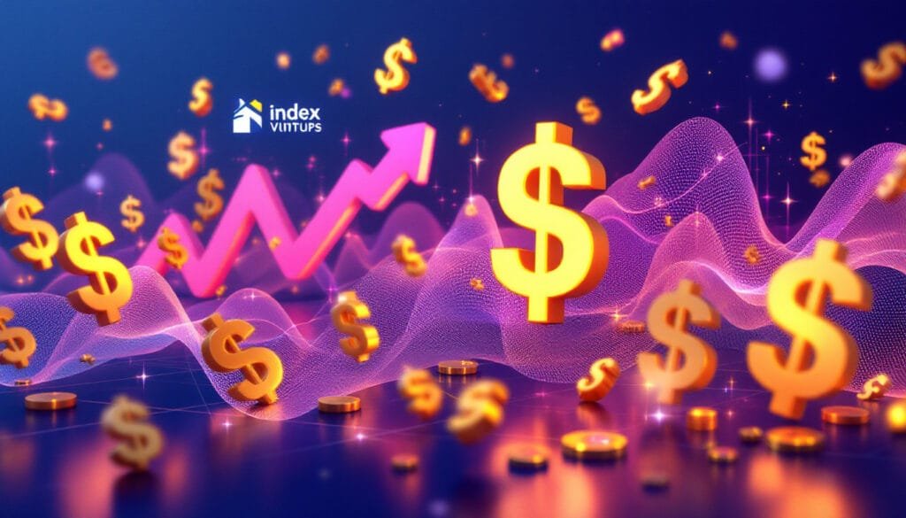 Index Ventures and financial growth charts morphing into dollar signs, showcasing an $875 million payoff from Google's cybersecurity deal.