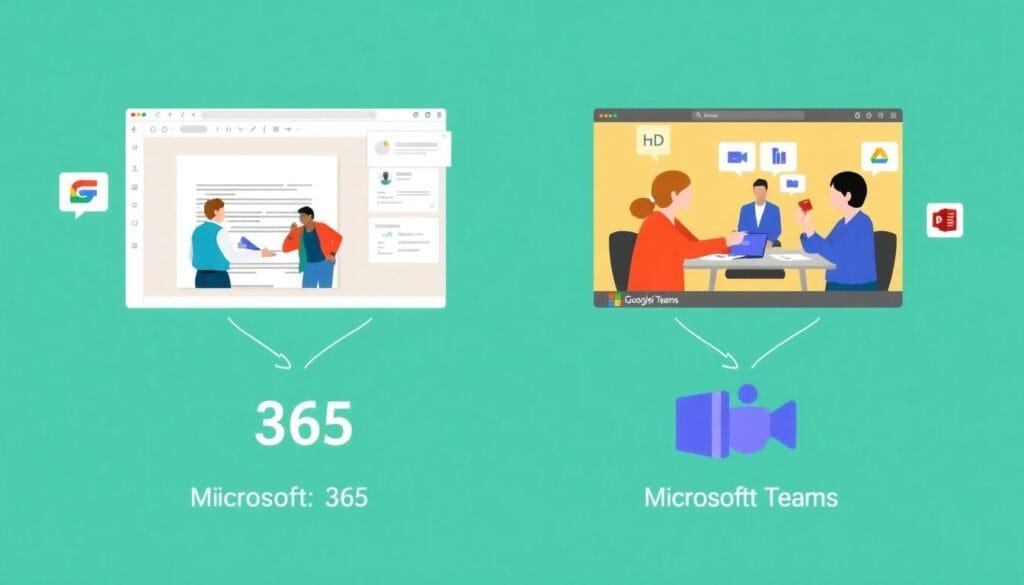 Collaboration differences between Microsoft 365 and Google Workspace as shown via shared document editing and group discussions.