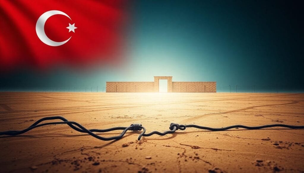 An artistic representation of Turkmenistan’s “Turkmenet” illustrating barren digital landscapes with prominent firewalls, symbolizing VPN and internet restrictions.