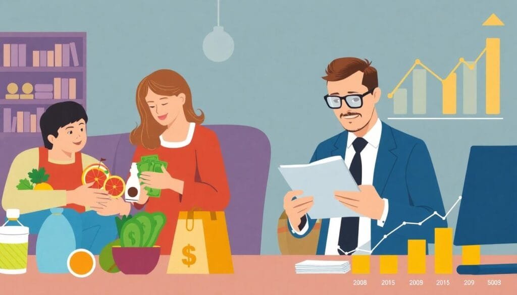 A family budgeting costs and a small business owner managing finances amidst UK wage growth trends.