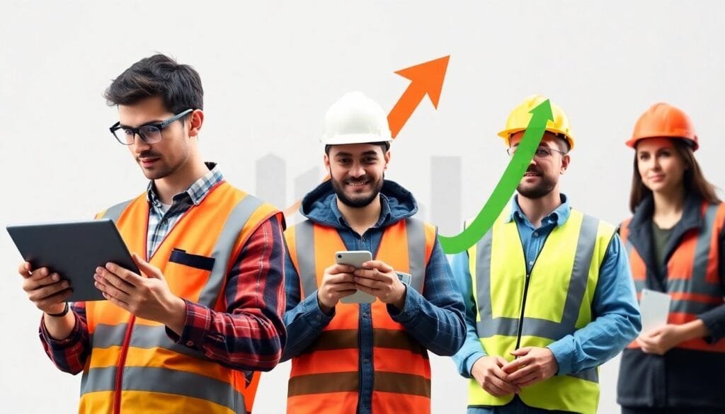 Tech and construction workers representing UK wage growth across industries with financial symbolism.