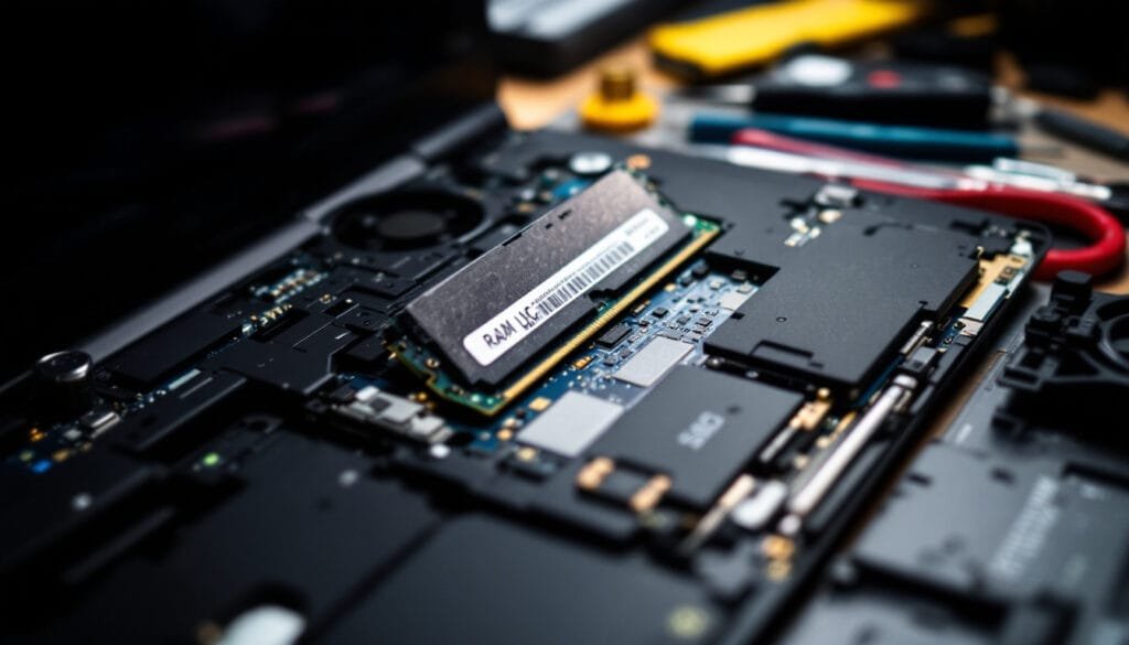 A close-up of laptop internal components showing RAM slots and SSD upgrades in a workshop setting.