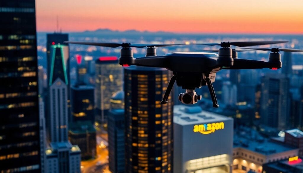 Amazon's same-day delivery network in action—a city filled with delivery drones.