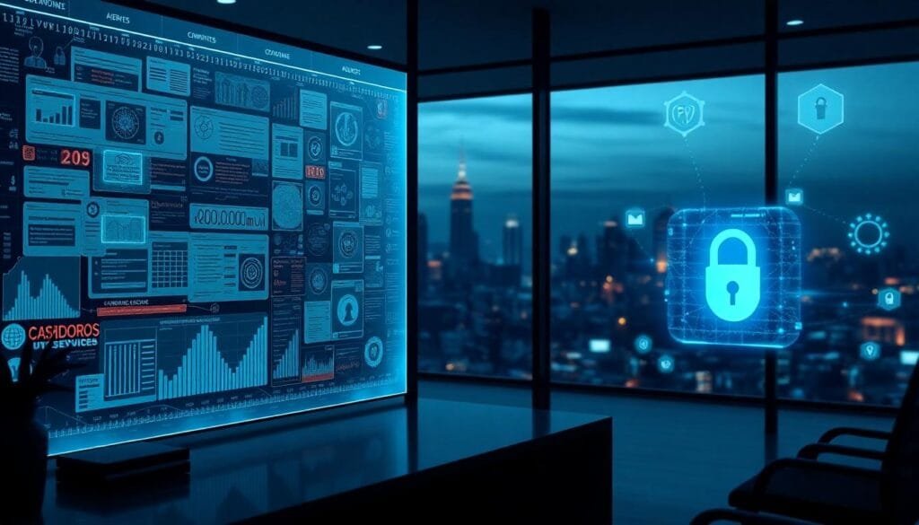 Digital representation of cybersecurity measures with data analytics on a screen and a glowing padlock icon symbolizing data protection, set against a cityscape backdrop.