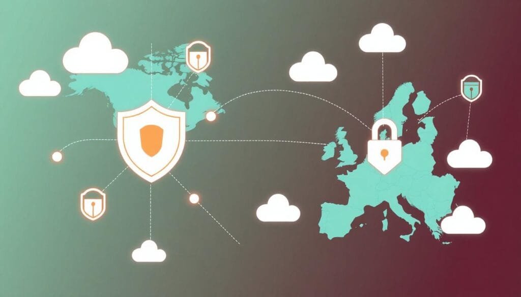A positive and open visualization representing VPN-friendly countries, showcasing seamless networks and shield icons across a globe backdrop.
