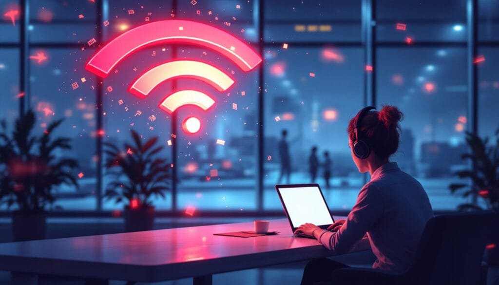 Airport scene showing a person on a laptop with free Wi-Fi, data vulnerabilities subtly depicted.