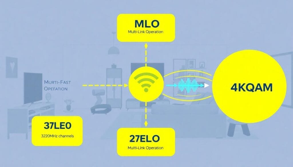 A visually detailed diagram showing how Wi-Fi 7 improves smart home systems with MLO, 320 MHz channels, and 4K-QAM.