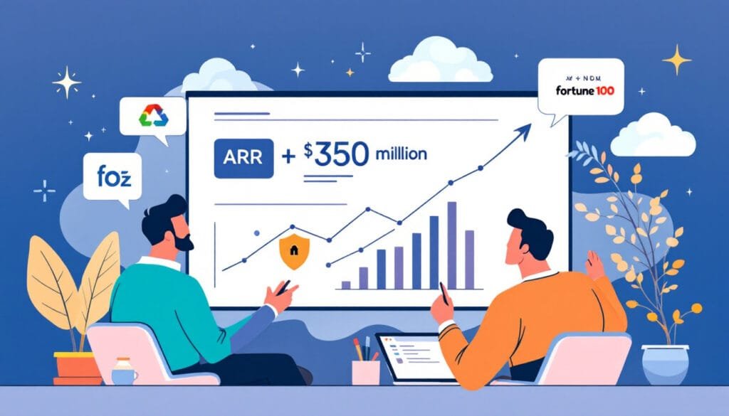 Wiz founders brainstorming, showcasing $350 million growth in annual recurring revenue and Fortune 100 clients.