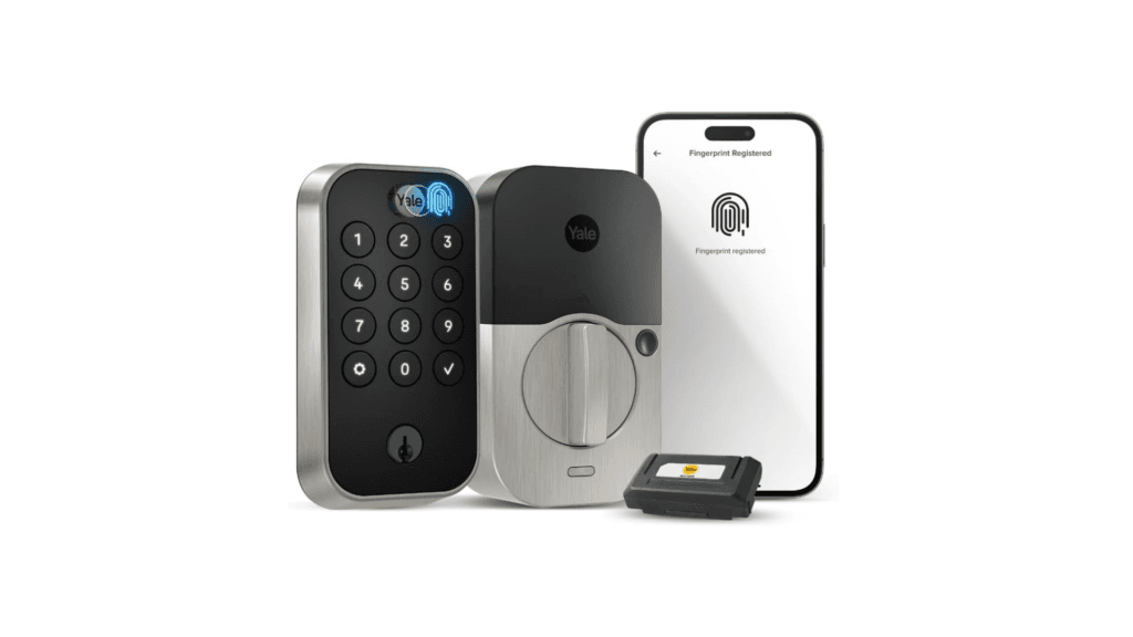 Yale smart lock system featuring a keypad, fingerprint sensor, and smartphone integration, showcasing advanced security features in smart home products.